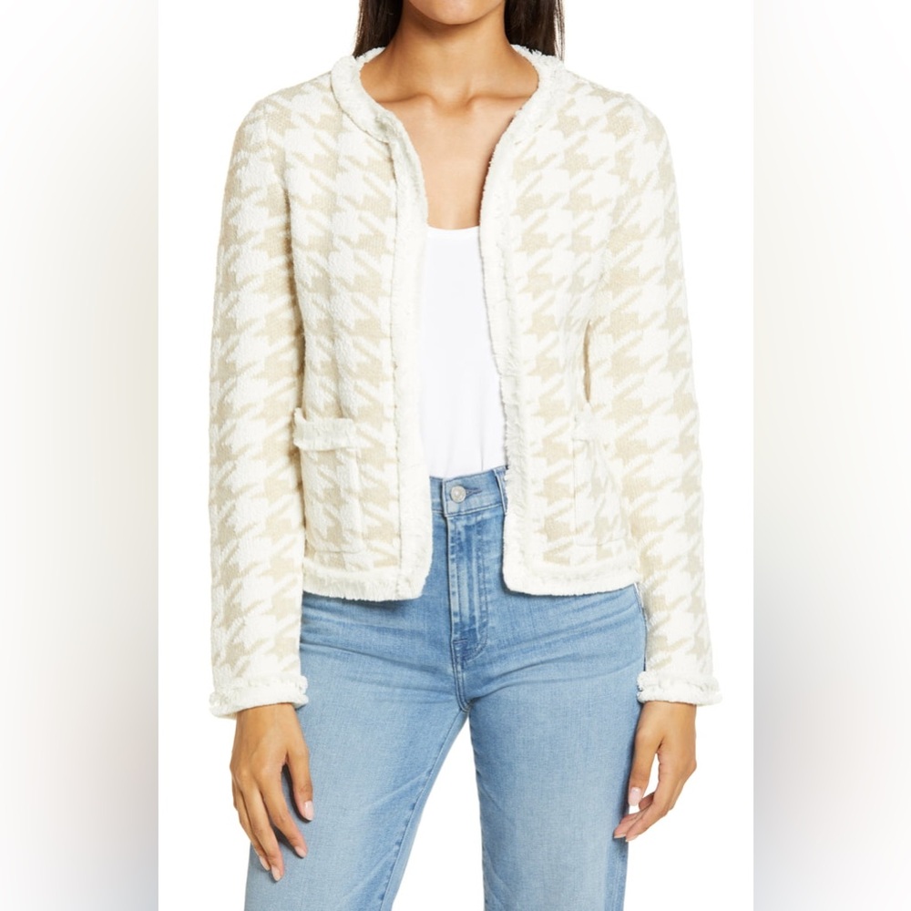 Cream and White Houndstooth Knit Jacket
